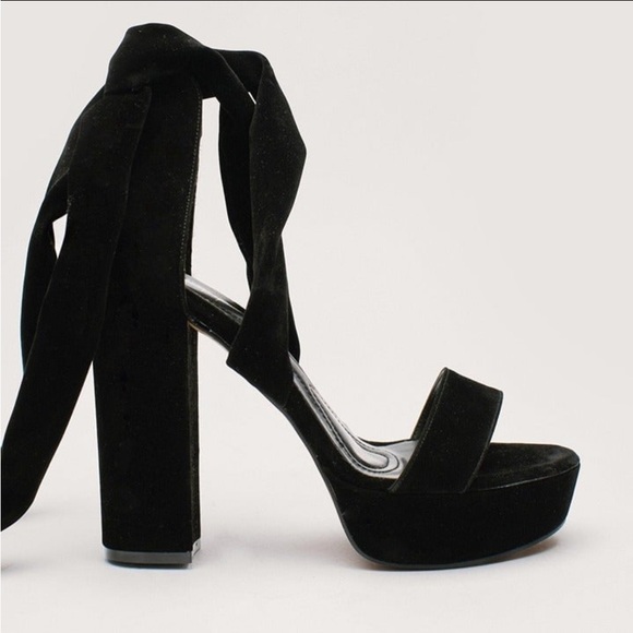 Nasty Gal Ankle Tie Platform Heels - Black, Faux Suede - Picture 4 of 6
